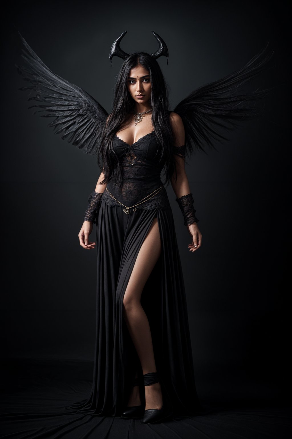 a woman dressed as an angel poses for a picture, dark angel, angel knight gothic girl, dark gothic dress, very sexy devil outfit, full body devil woman, gothic woman dressed in black and red, megan fox witch queen, raven winged female vampire, villainess has black angel wings, gothic outfit, tall female angel, gothic dress, fallen angel, winged woman angel, fishnet stockings
