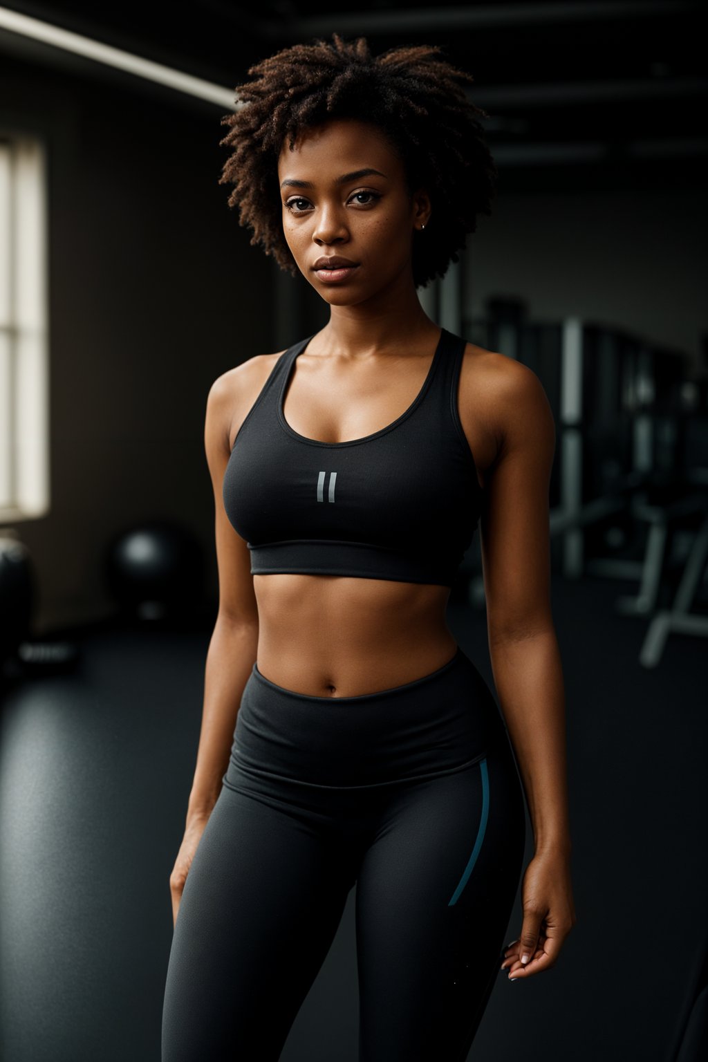 feminine woman in the gym wearing  sports bra and leggings