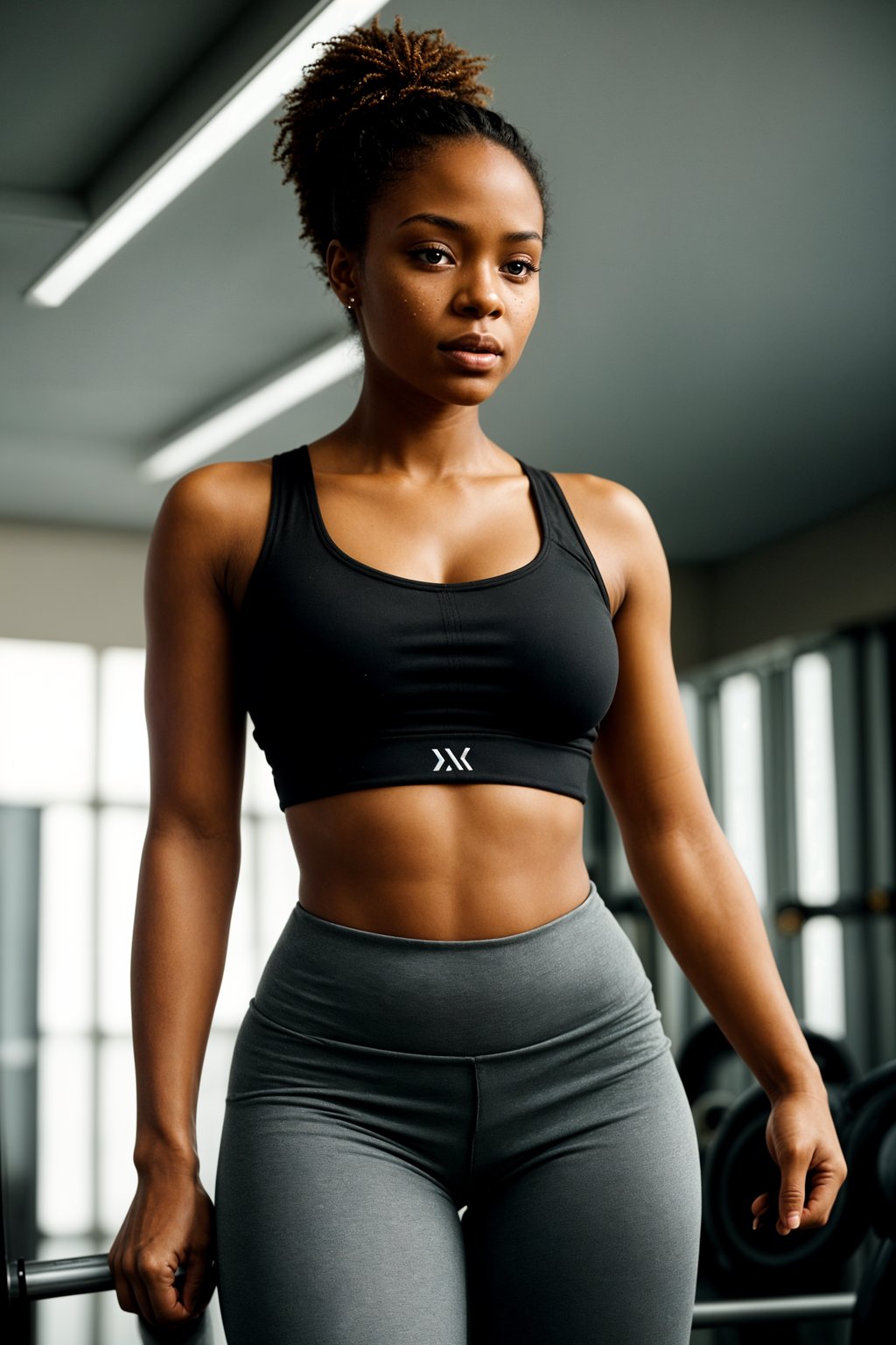 feminine woman in the gym wearing  sports bra and leggings