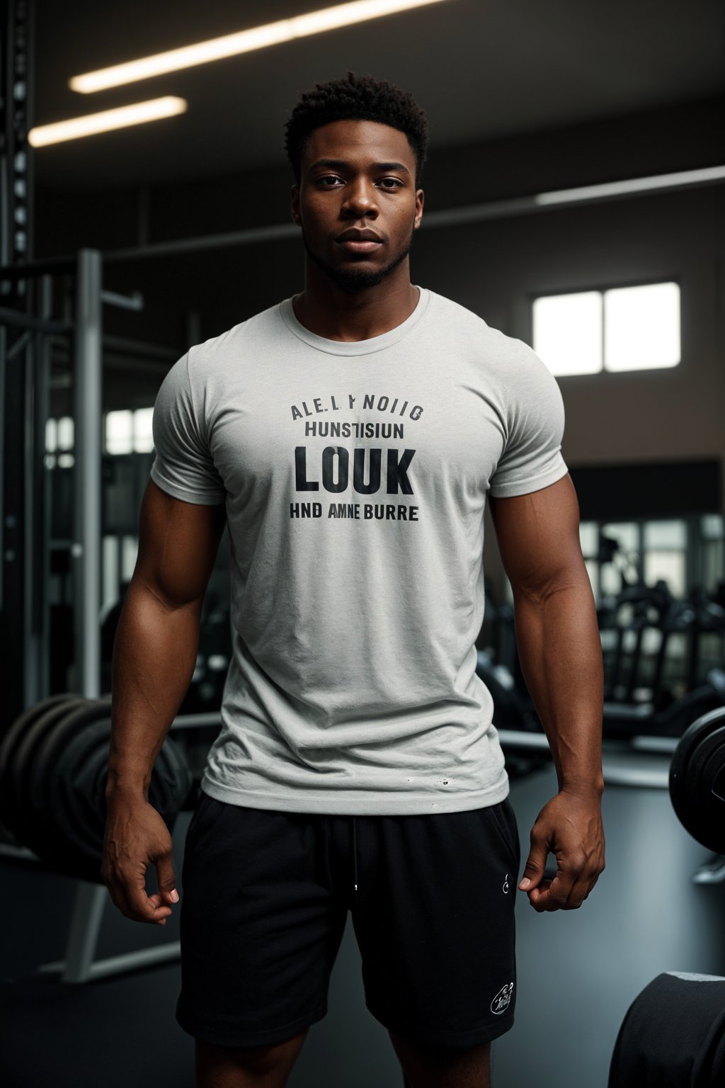 masculine  man in the gym wearing t-shirt and gym shorts