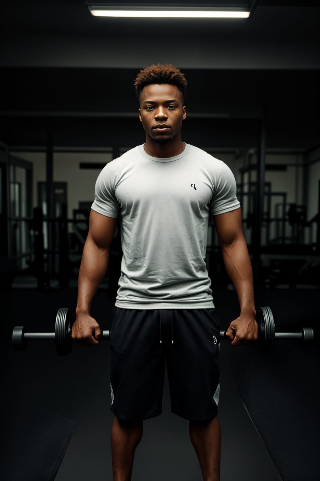 masculine  man in the gym wearing t-shirt and gym shorts