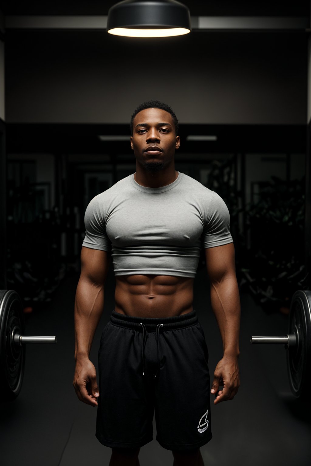 masculine  man in the gym wearing t-shirt and gym shorts