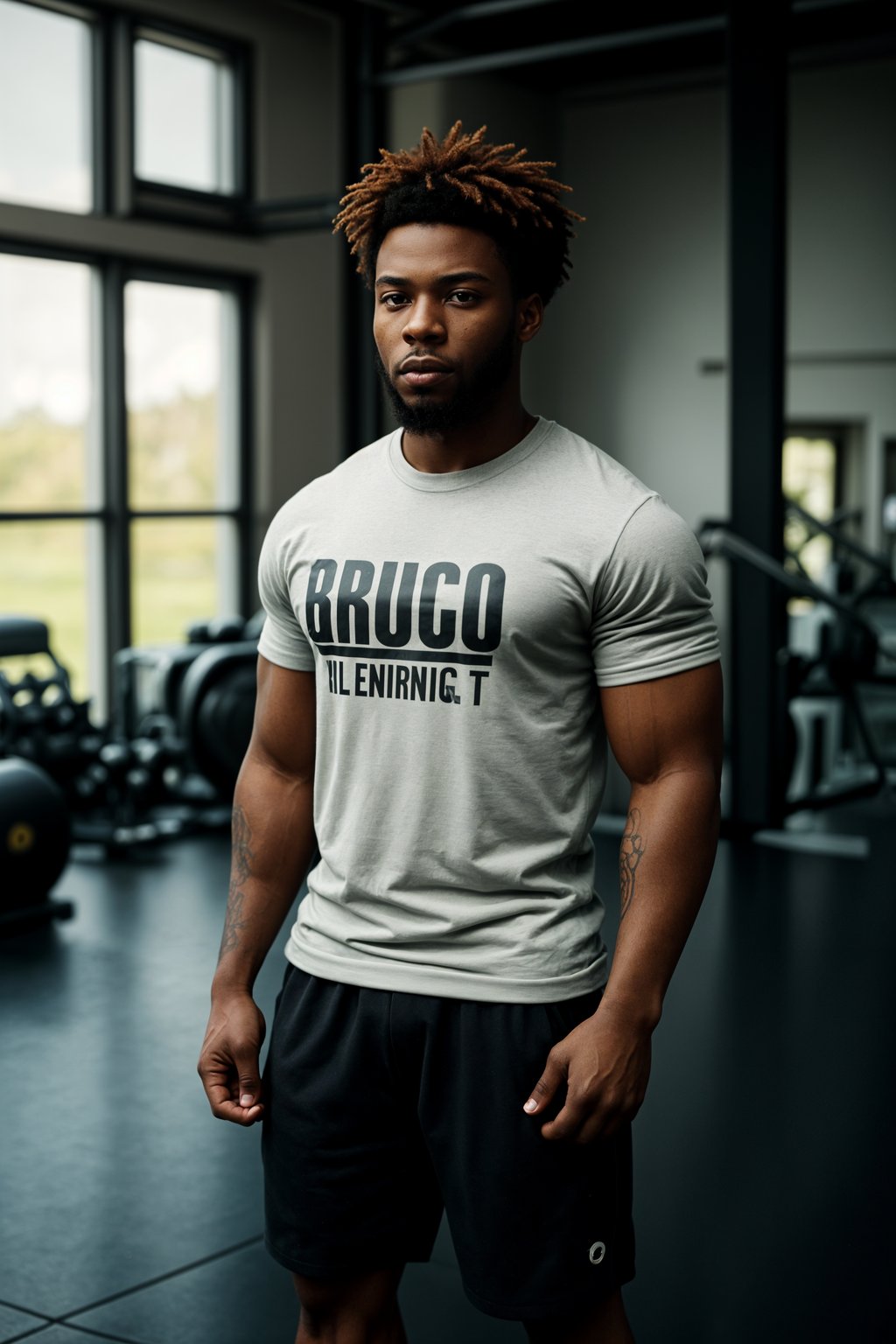 masculine  man in the gym wearing t-shirt and gym shorts