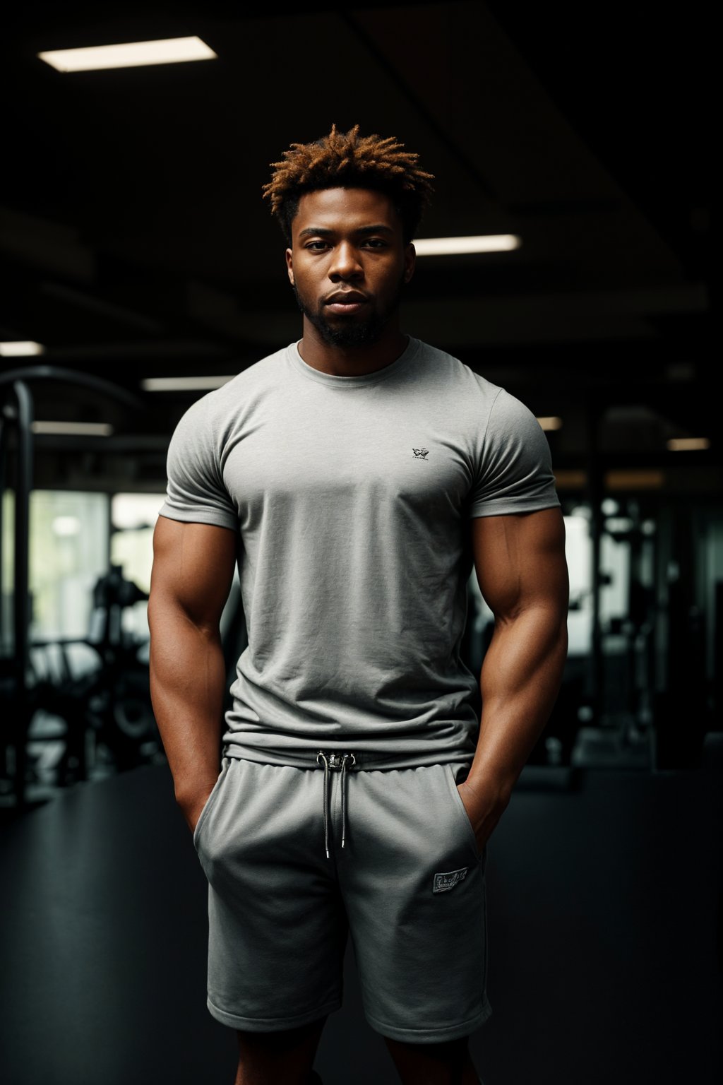 masculine  man in the gym wearing t-shirt and gym shorts