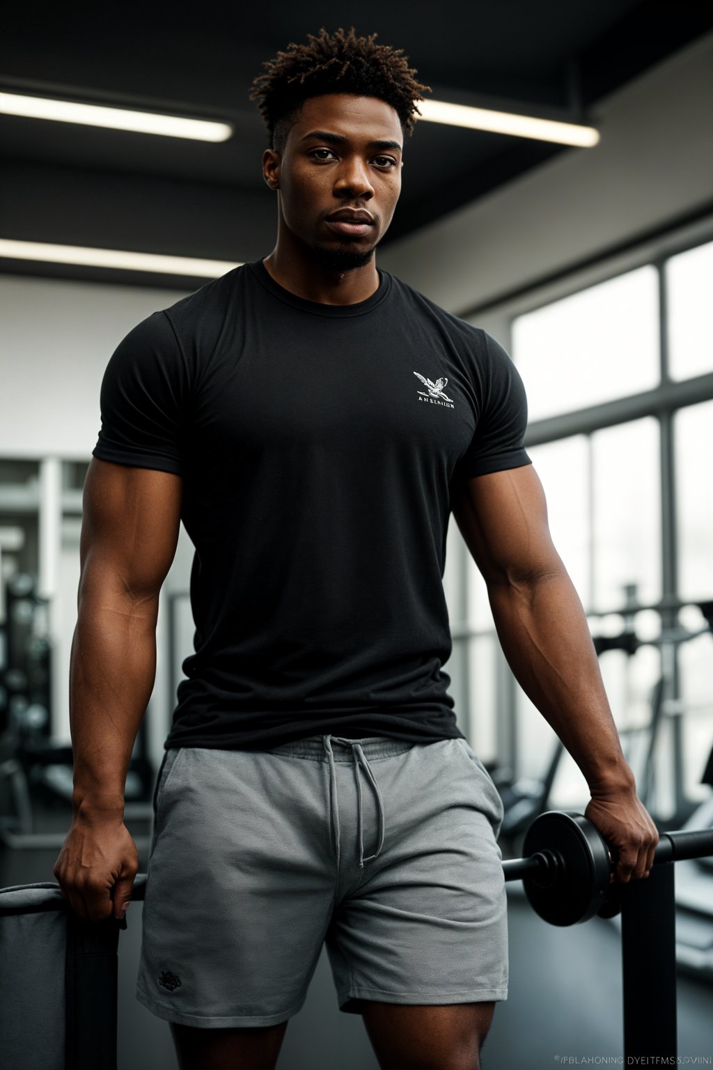 masculine  man in the gym wearing t-shirt and gym shorts