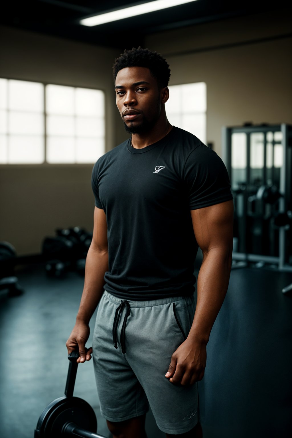 masculine  man in the gym wearing t-shirt and gym shorts