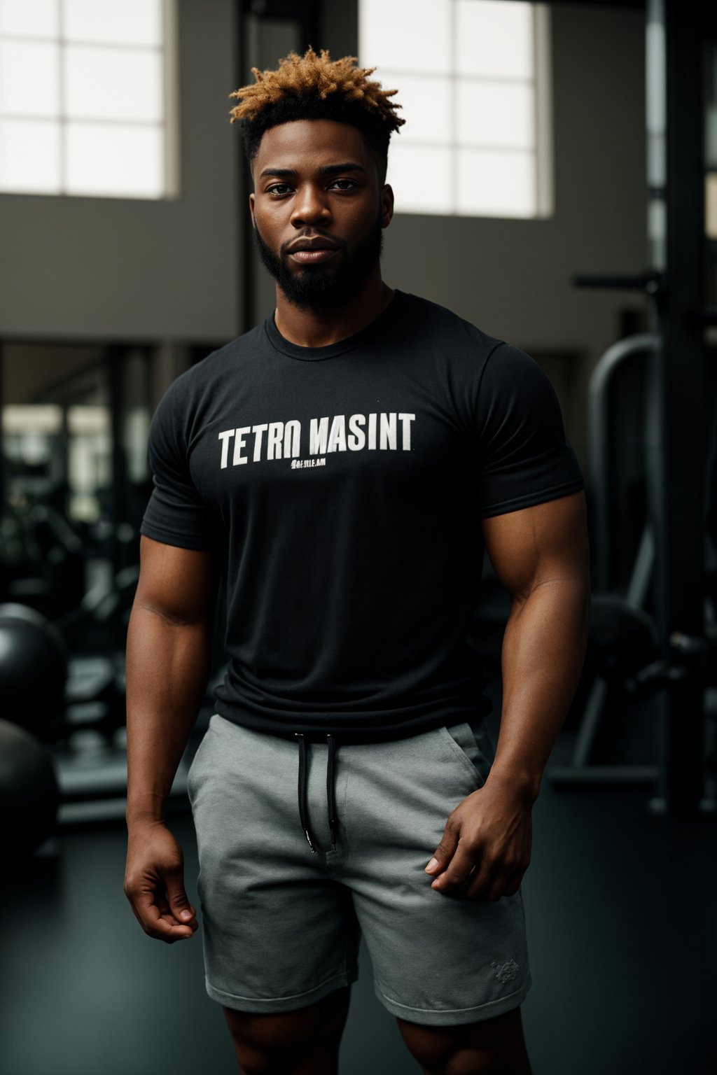 masculine  man in the gym wearing t-shirt and gym shorts