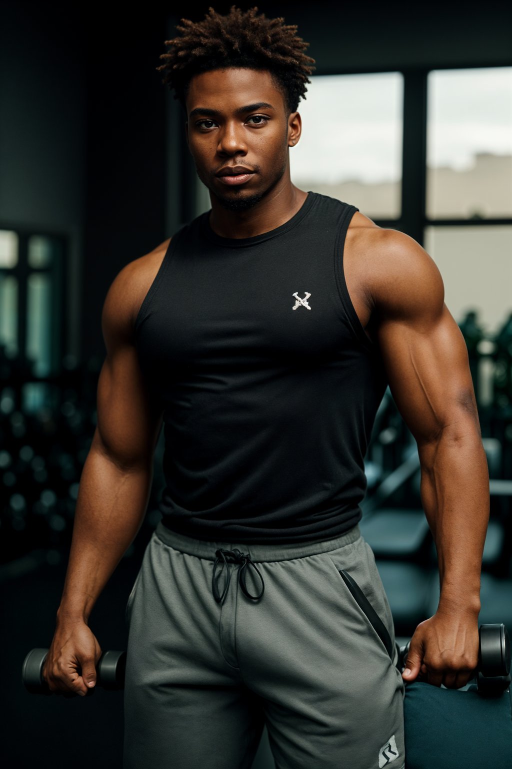 masculine  man in the gym wearing t-shirt and gym shorts