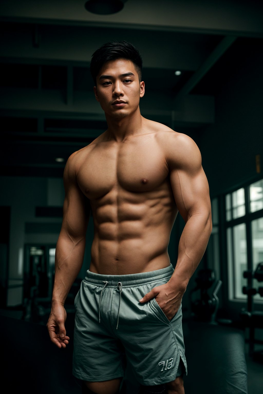 masculine  man in the gym wearing t-shirt and gym shorts