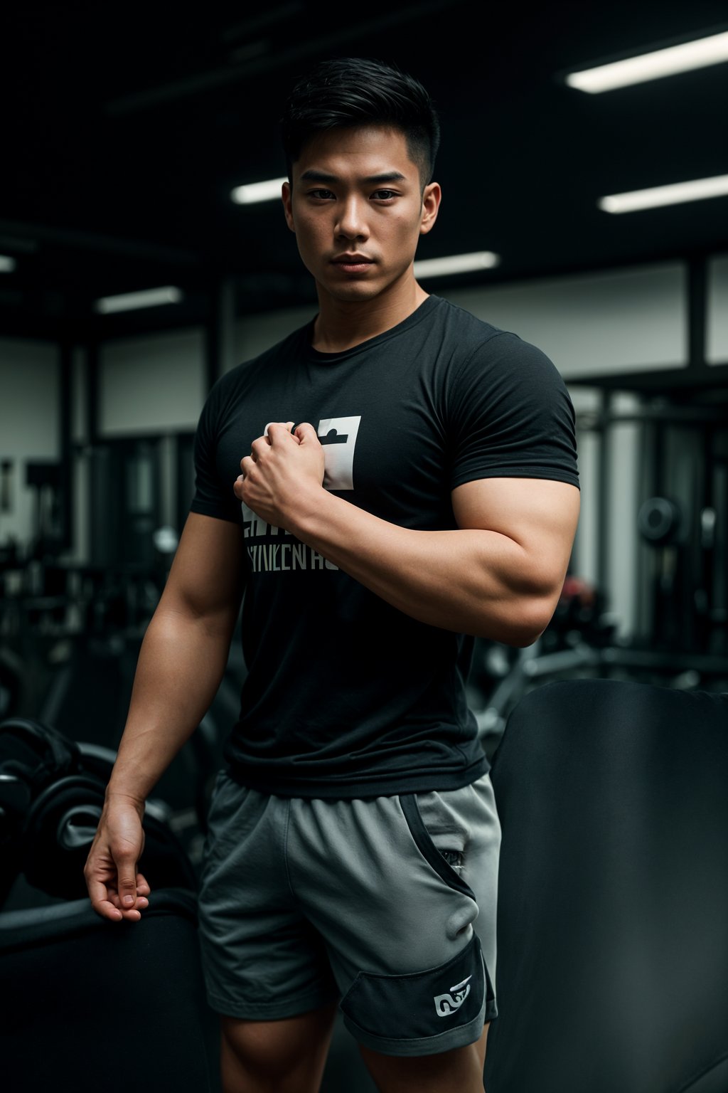 masculine  man in the gym wearing t-shirt and gym shorts