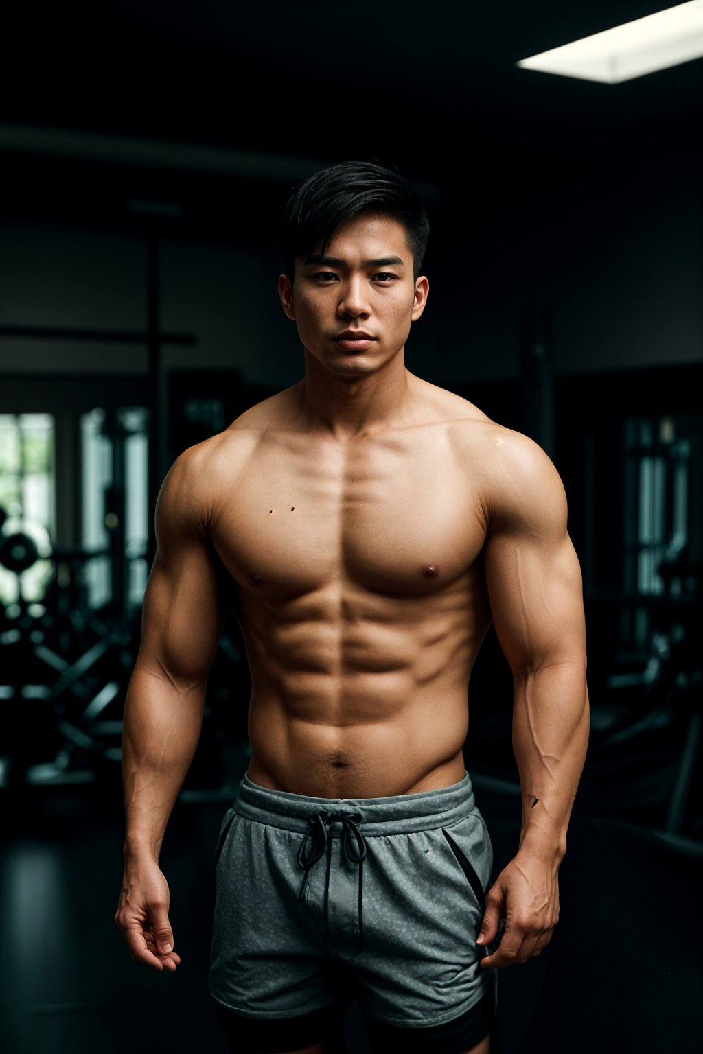 masculine  man in the gym wearing t-shirt and gym shorts