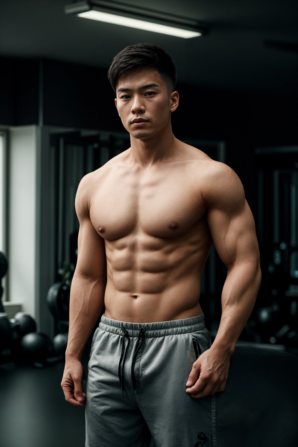 masculine  man in the gym wearing t-shirt and gym shorts