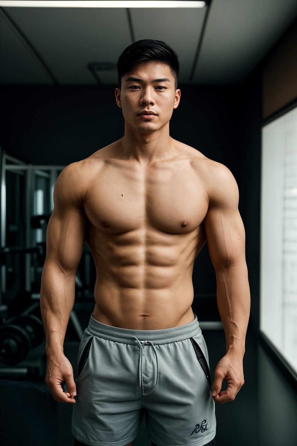 masculine  man in the gym wearing t-shirt and gym shorts