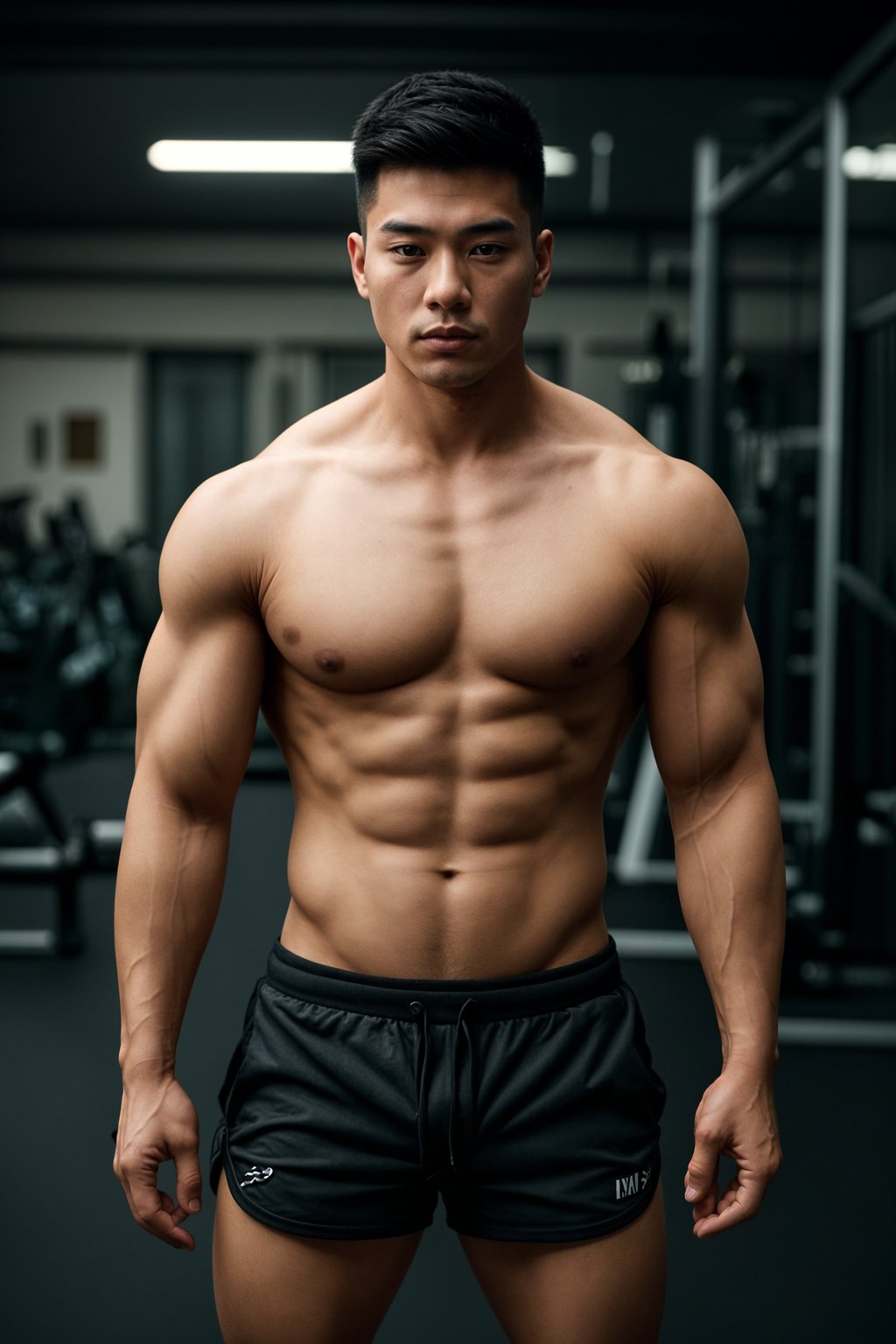 masculine  man in the gym wearing t-shirt and gym shorts