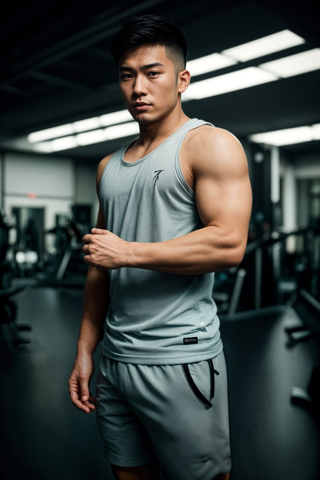 masculine  man in the gym wearing t-shirt and gym shorts