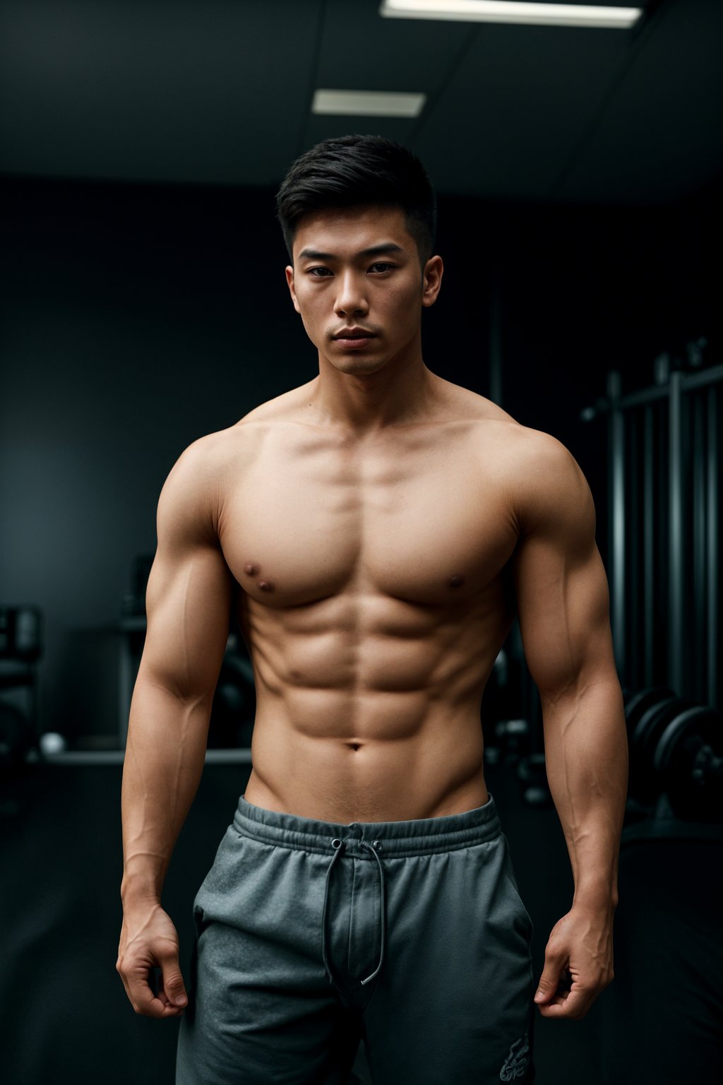 masculine  man in the gym wearing t-shirt and gym shorts