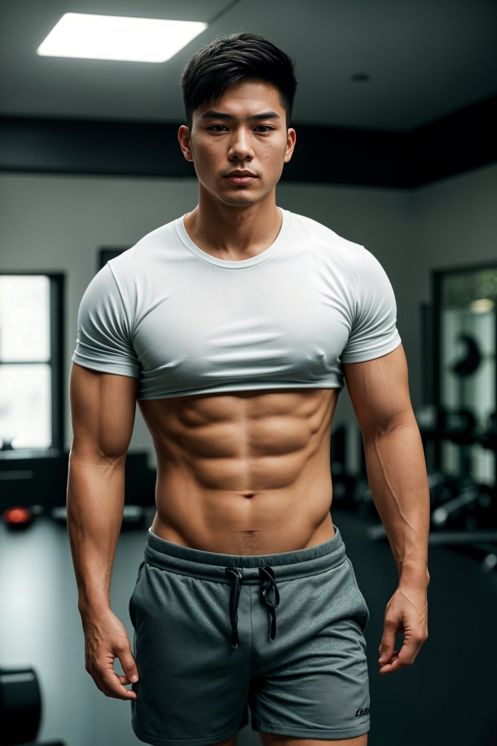 masculine  man in the gym wearing t-shirt and gym shorts