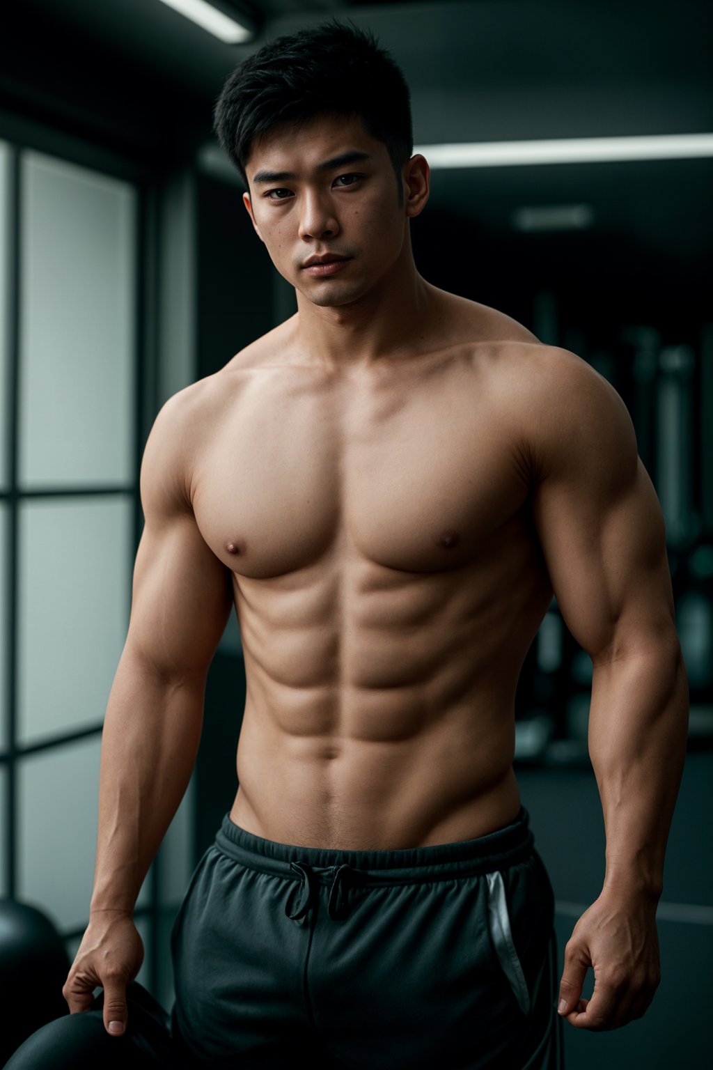 masculine  man in the gym wearing t-shirt and gym shorts