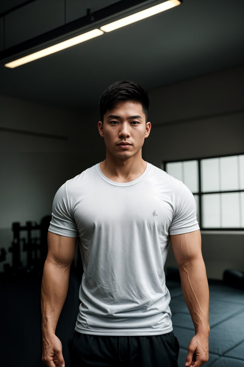 masculine  man in the gym wearing t-shirt and gym shorts