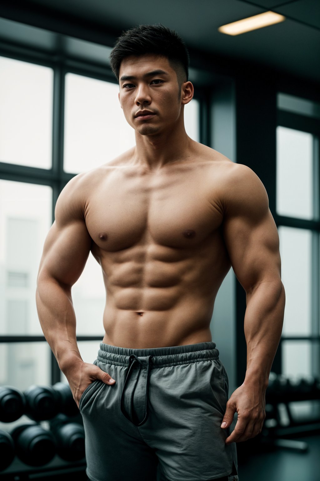 masculine  man in the gym wearing t-shirt and gym shorts