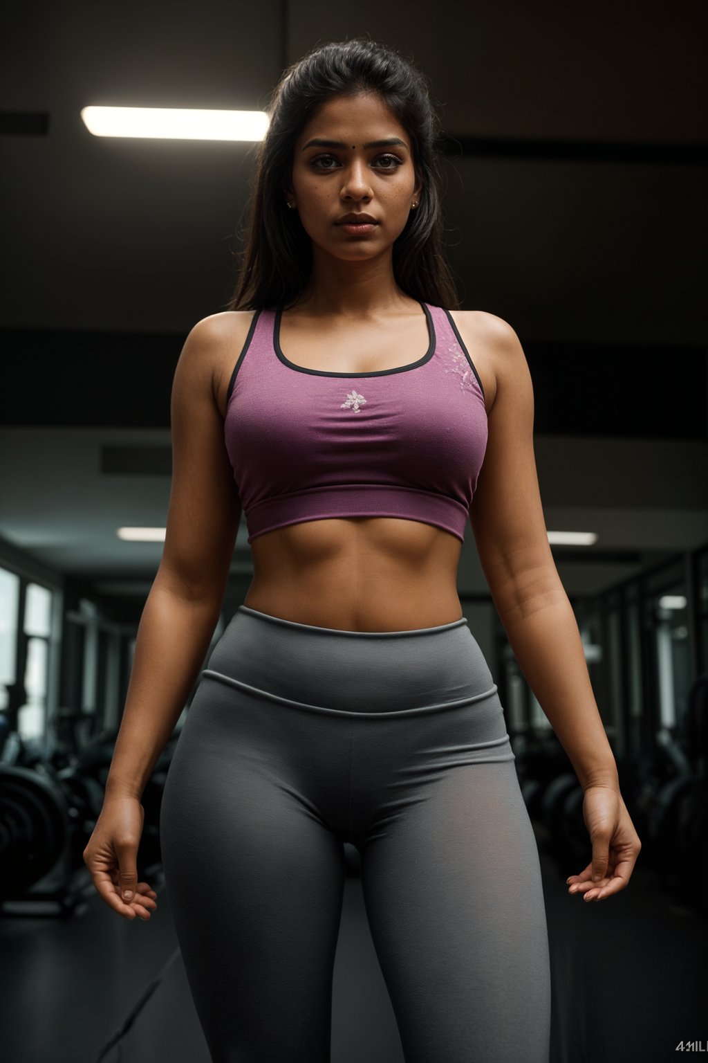 feminine woman in the gym wearing  sports bra and leggings