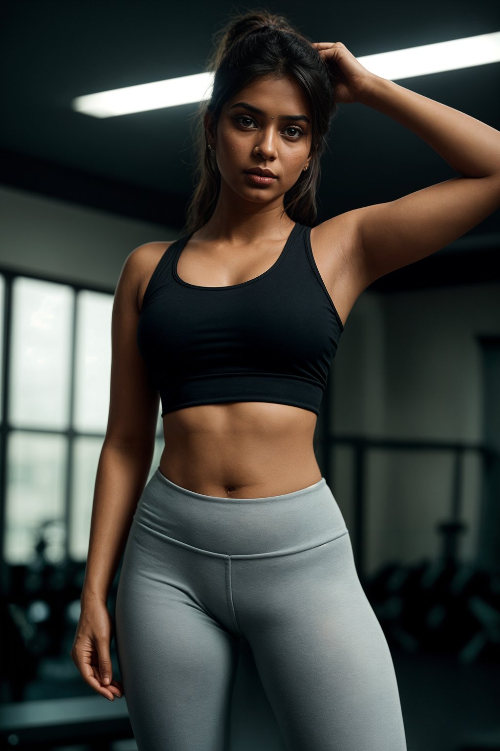 feminine woman in the gym wearing  sports bra and leggings