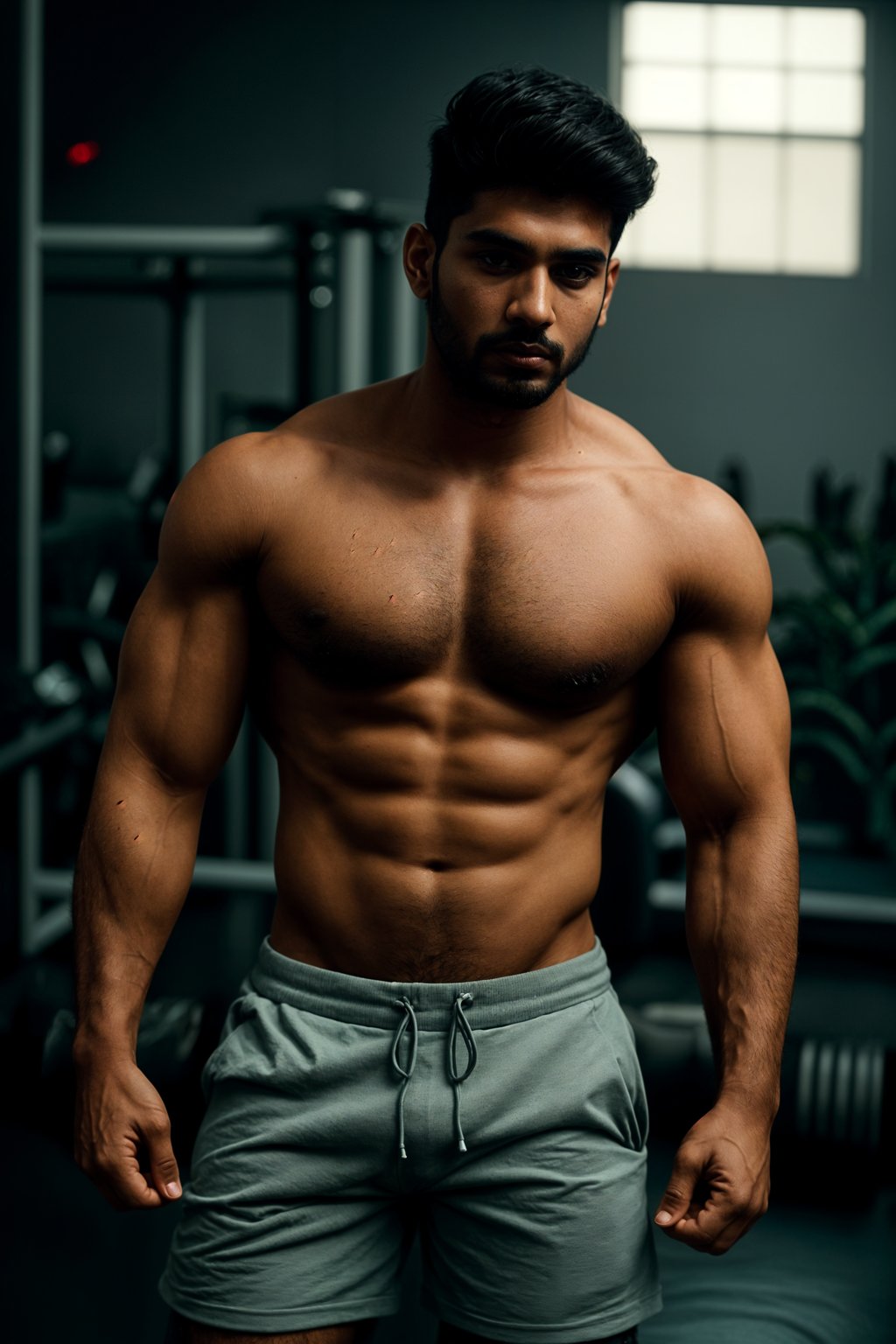 masculine  man in the gym wearing t-shirt and gym shorts