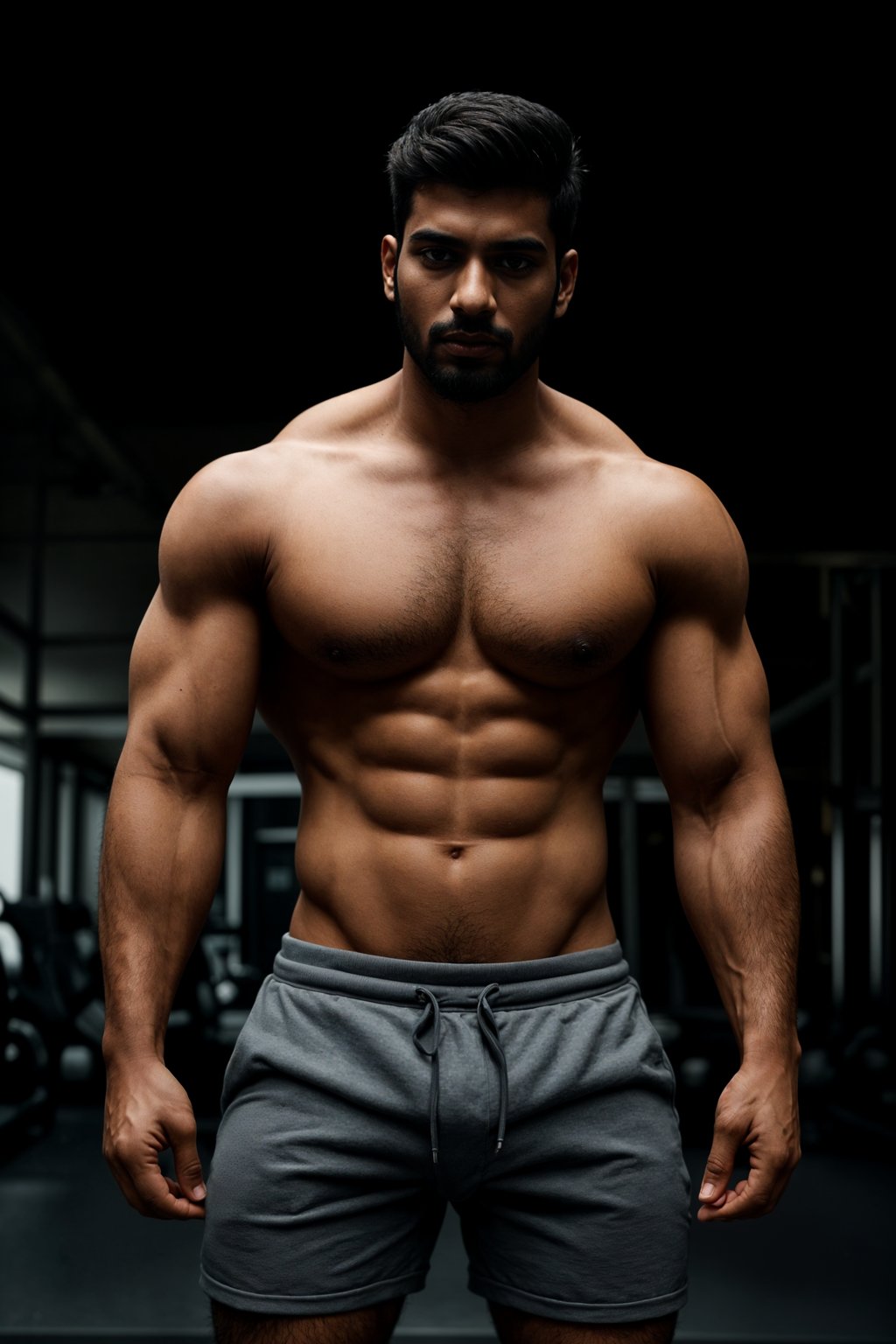 masculine  man in the gym wearing t-shirt and gym shorts