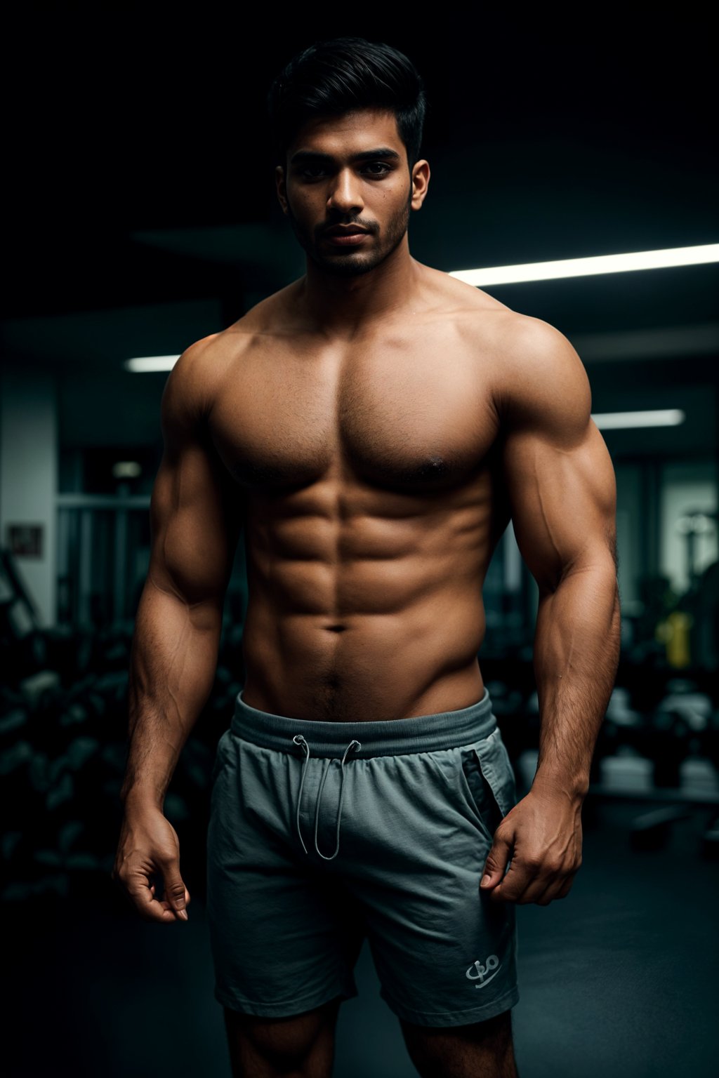 masculine  man in the gym wearing t-shirt and gym shorts