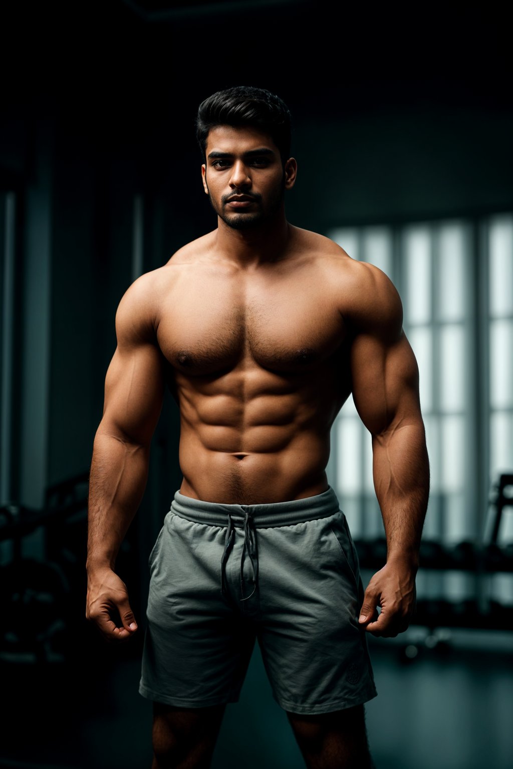 masculine  man in the gym wearing t-shirt and gym shorts