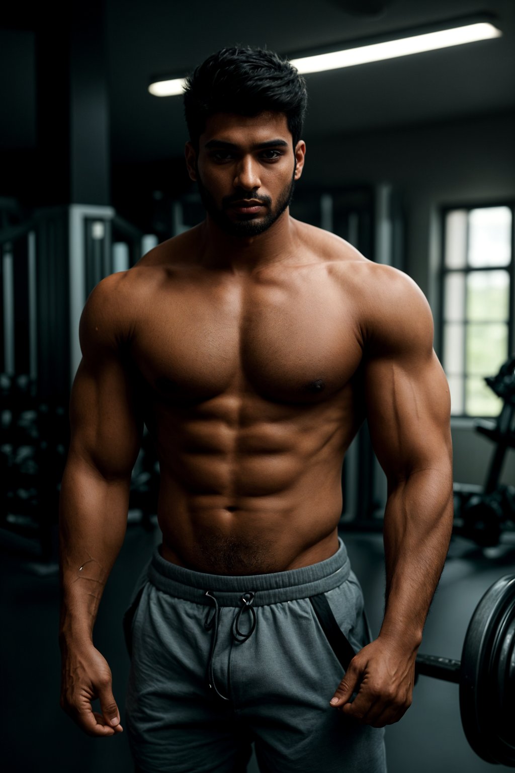 masculine  man in the gym wearing t-shirt and gym shorts