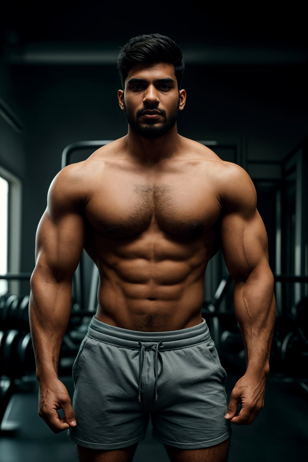 masculine  man in the gym wearing t-shirt and gym shorts