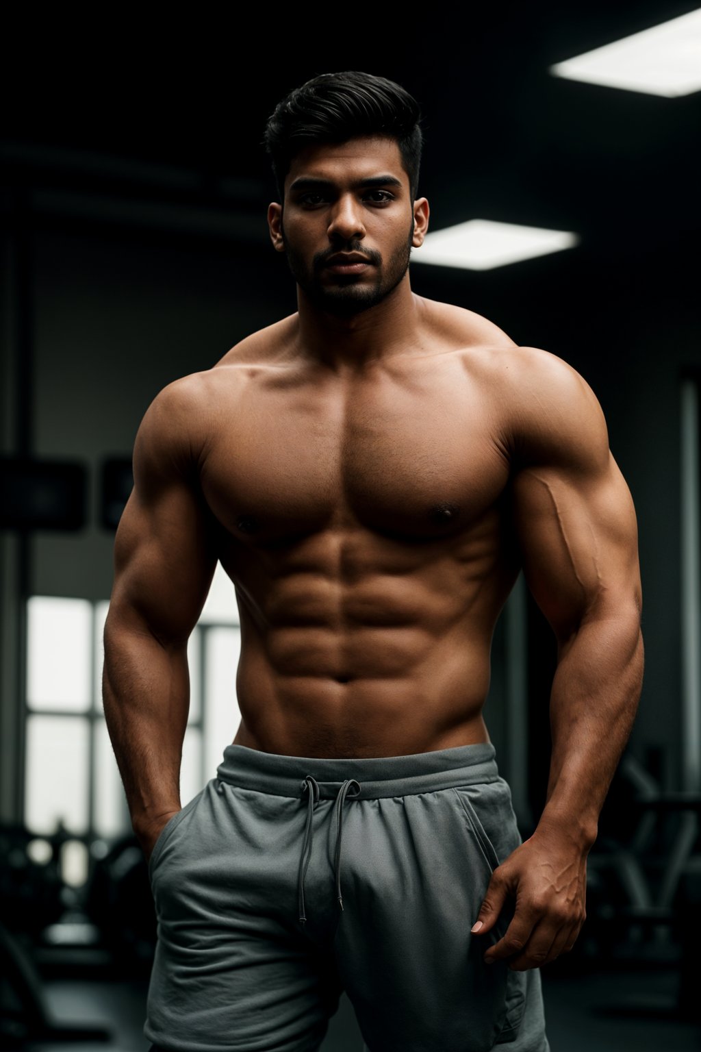 masculine  man in the gym wearing t-shirt and gym shorts