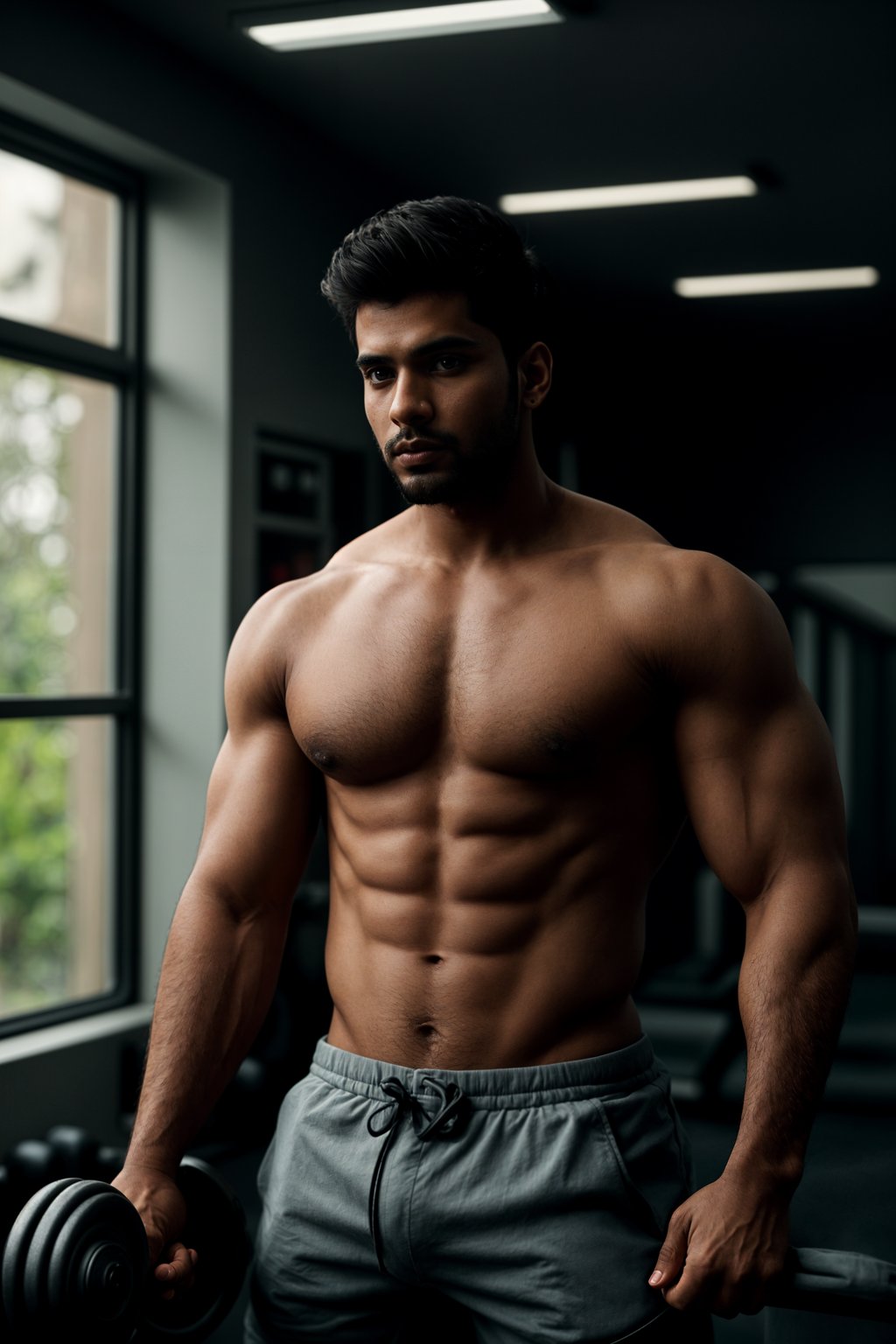 masculine  man in the gym wearing t-shirt and gym shorts