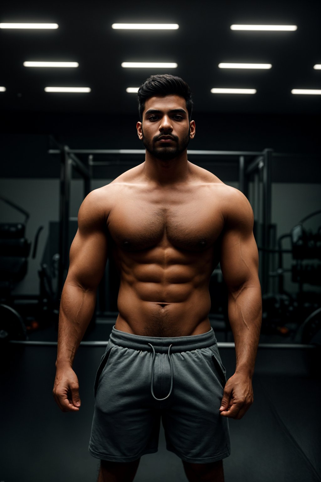 masculine  man in the gym wearing t-shirt and gym shorts