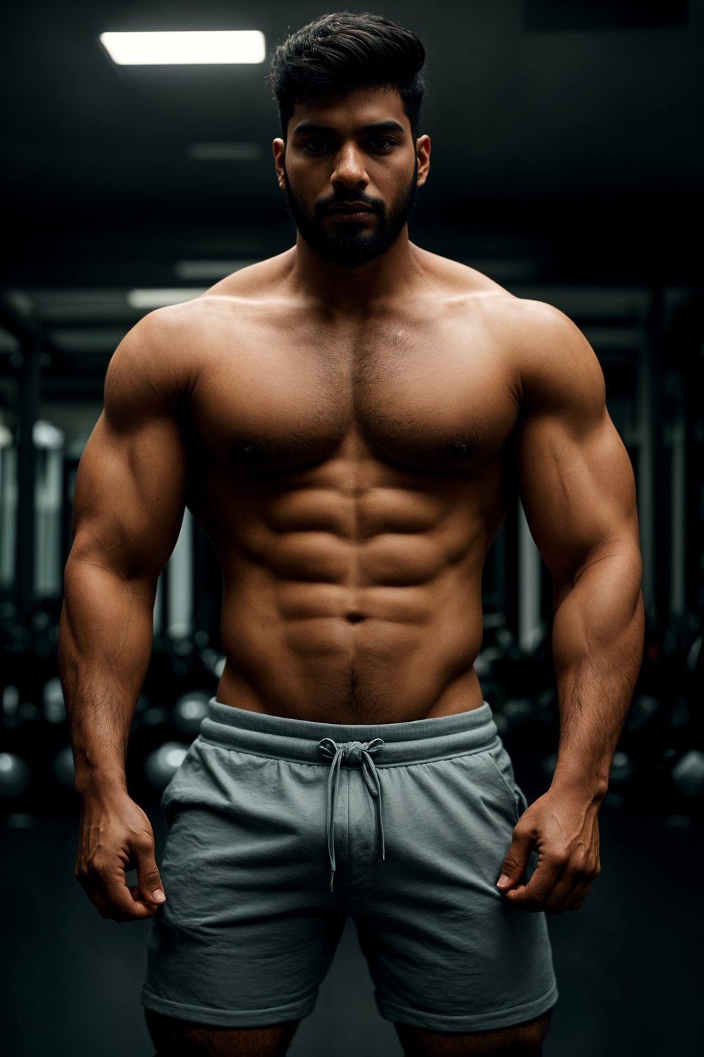 masculine  man in the gym wearing t-shirt and gym shorts