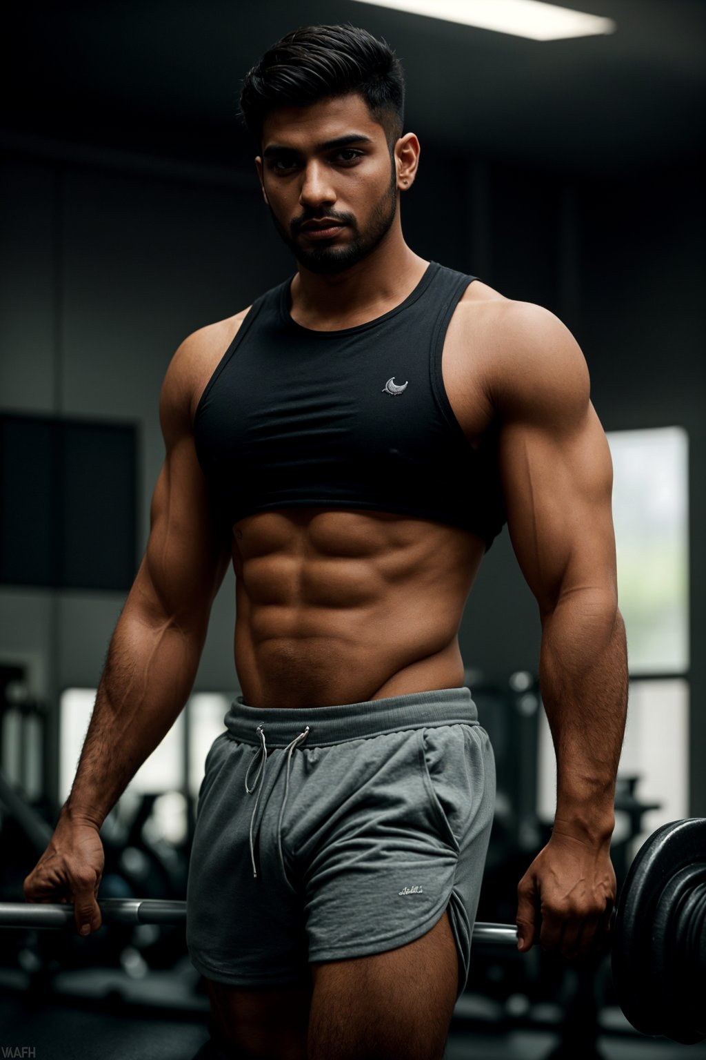 masculine  man in the gym wearing t-shirt and gym shorts