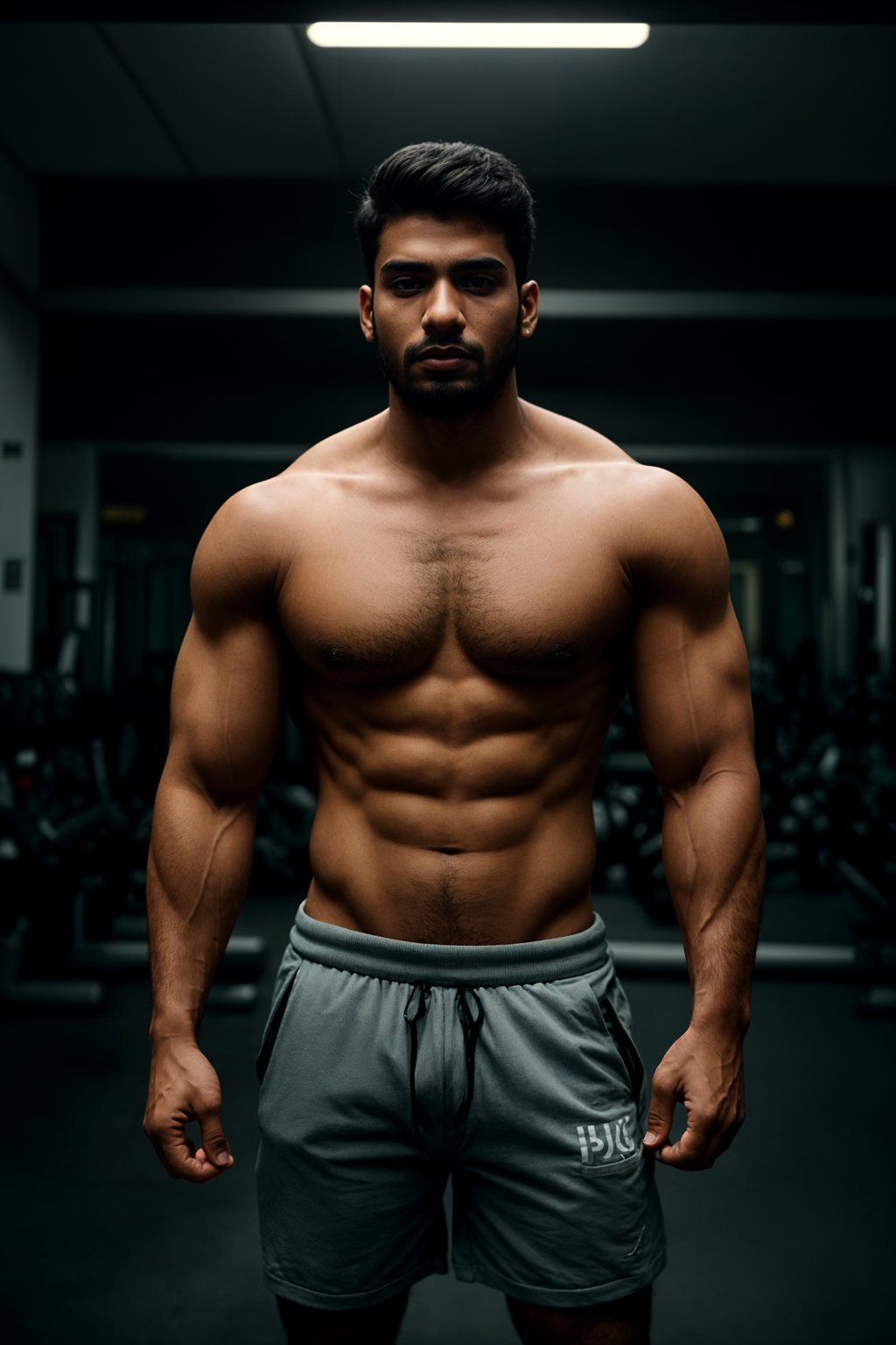 masculine  man in the gym wearing t-shirt and gym shorts