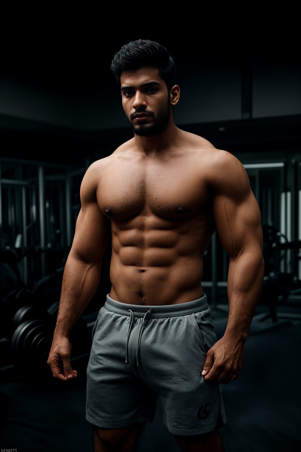 masculine  man in the gym wearing t-shirt and gym shorts