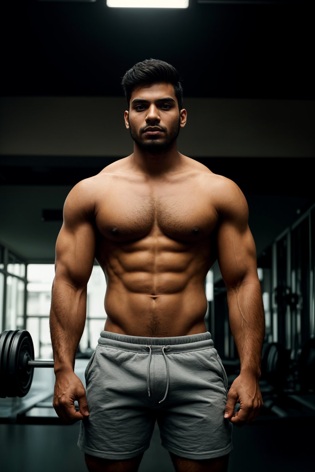 masculine  man in the gym wearing t-shirt and gym shorts