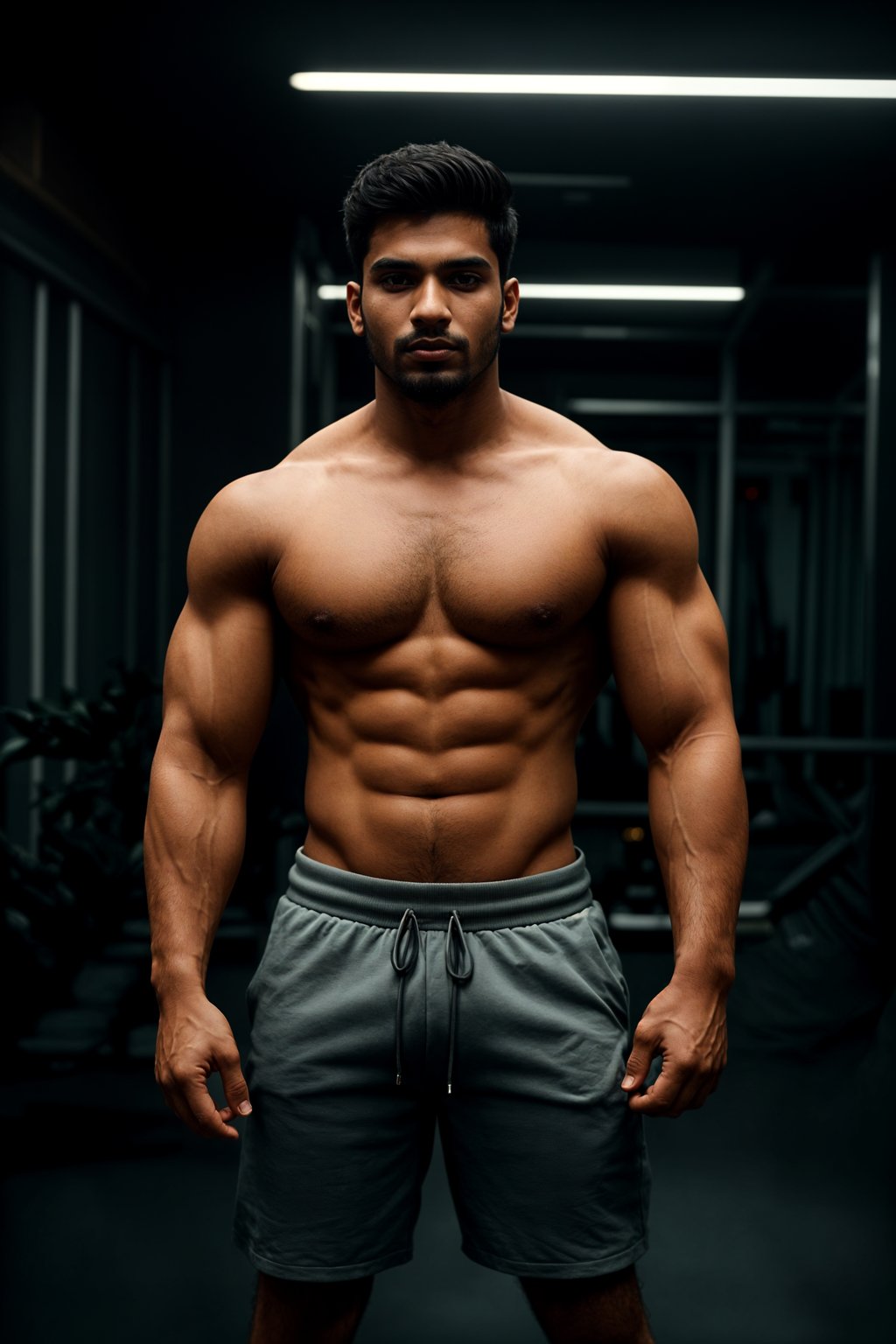 masculine  man in the gym wearing t-shirt and gym shorts