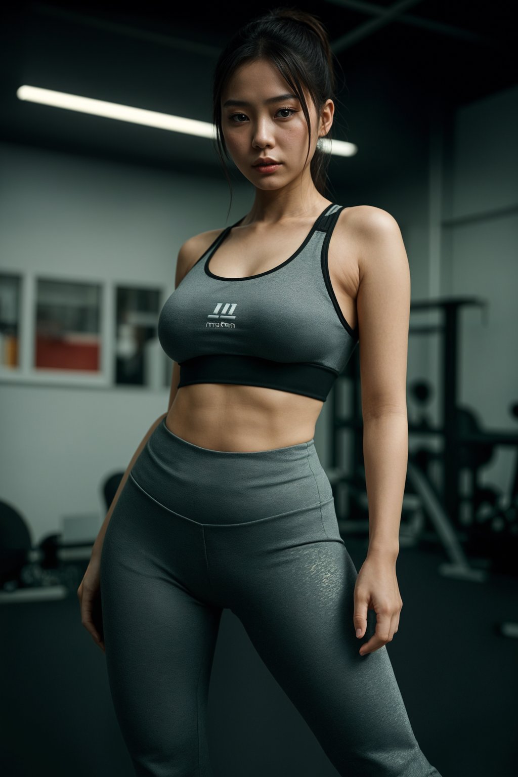 feminine woman in the gym wearing  sports bra and leggings