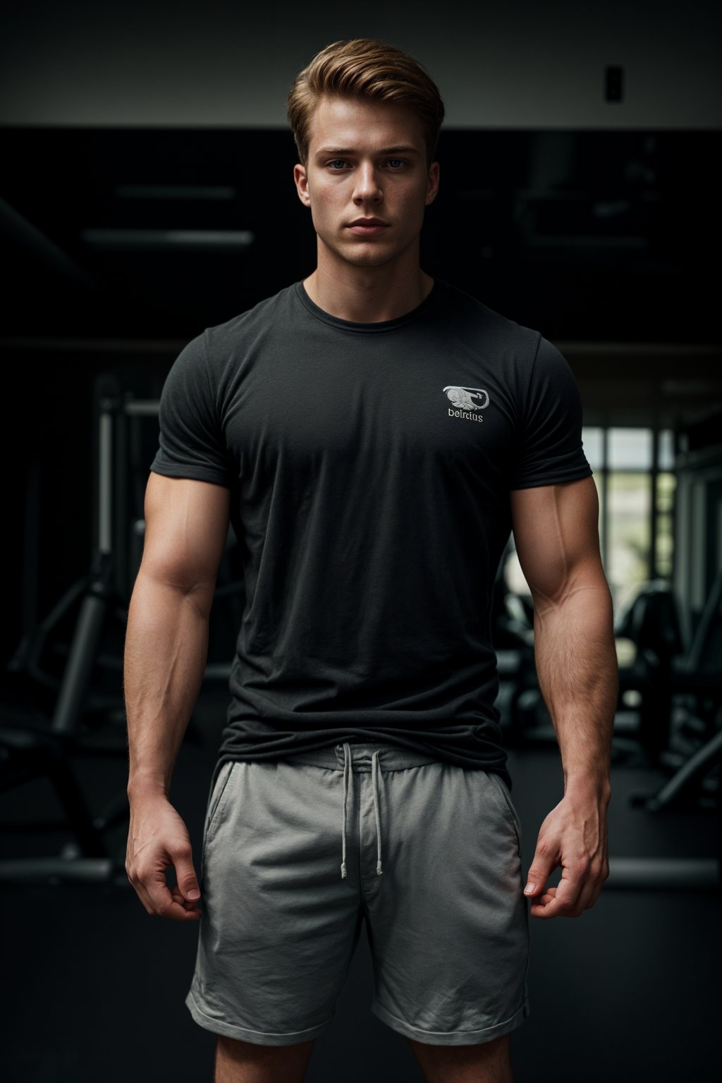 masculine  man in the gym wearing t-shirt and gym shorts