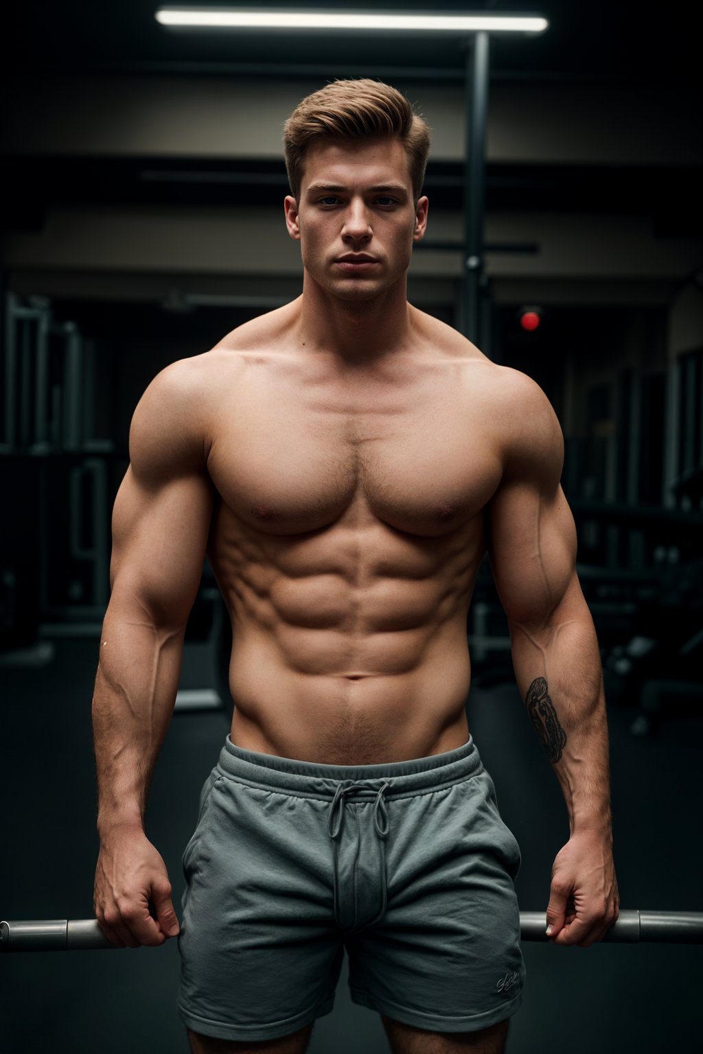 masculine  man in the gym wearing t-shirt and gym shorts