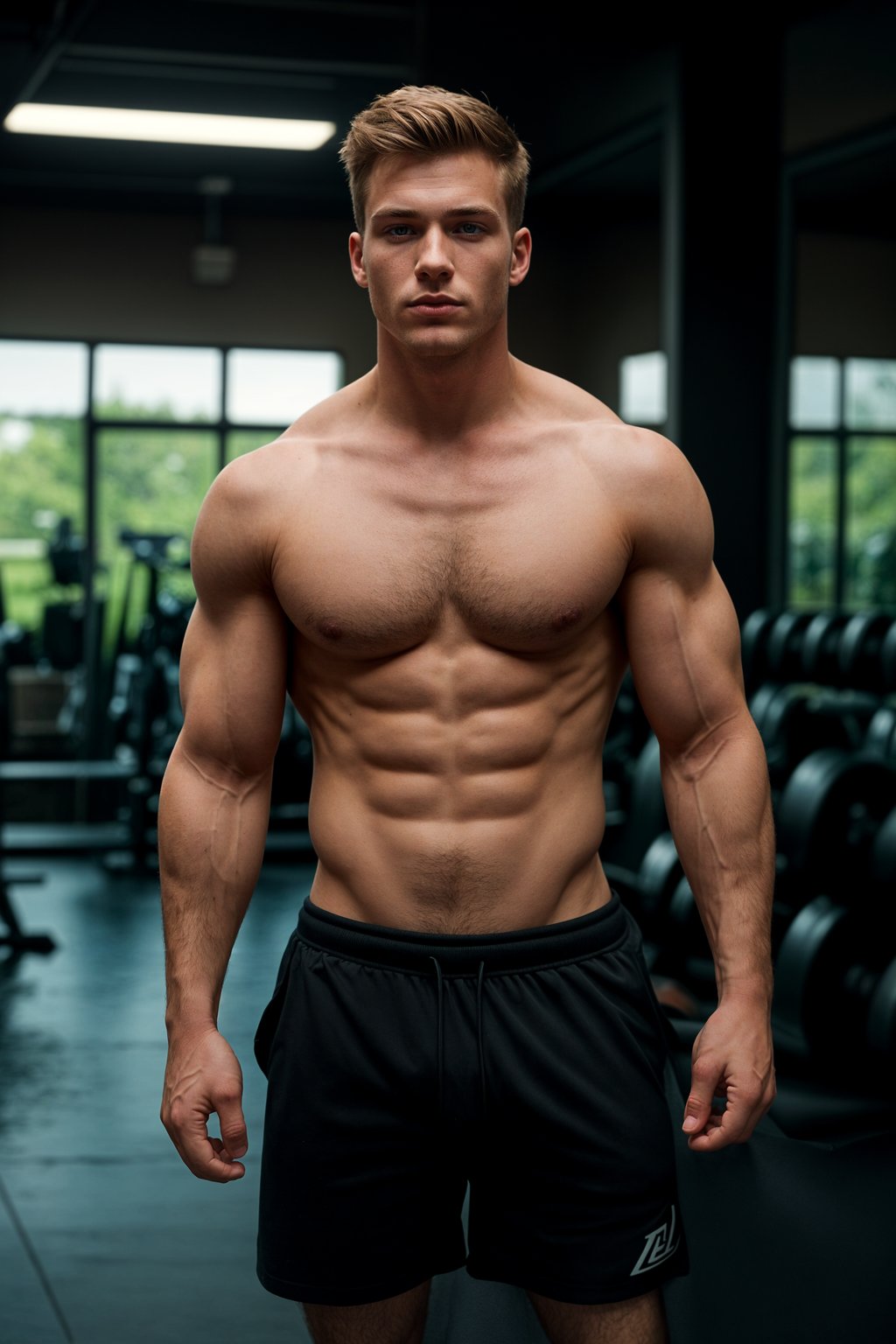 masculine  man in the gym wearing t-shirt and gym shorts