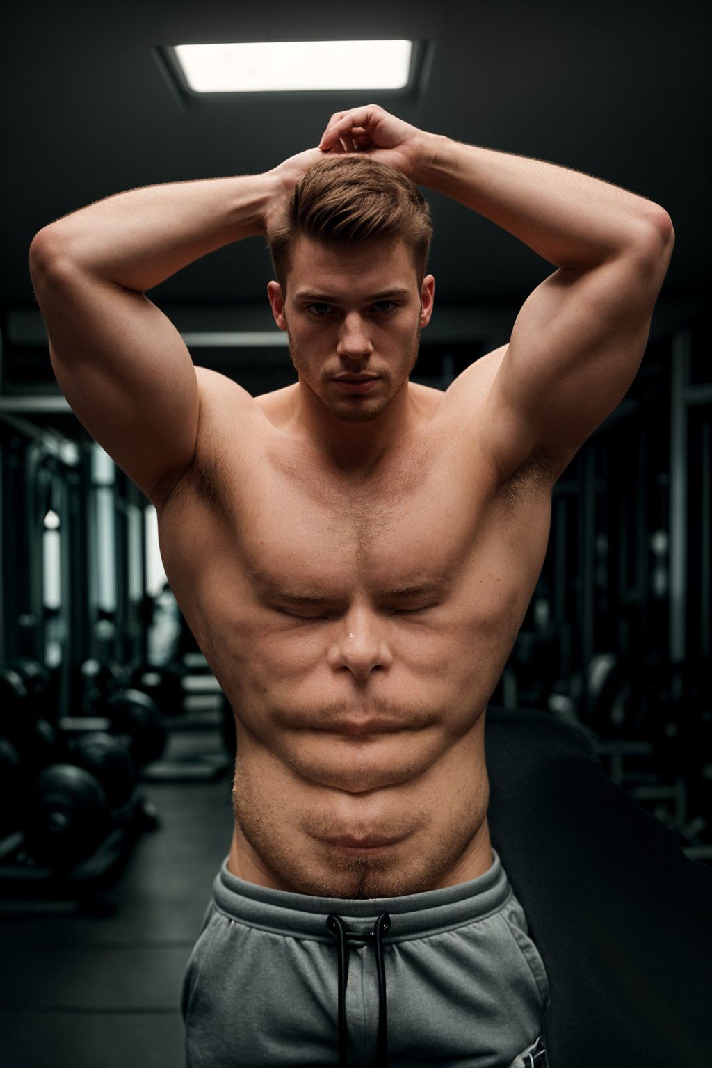 masculine  man in the gym wearing t-shirt and gym shorts