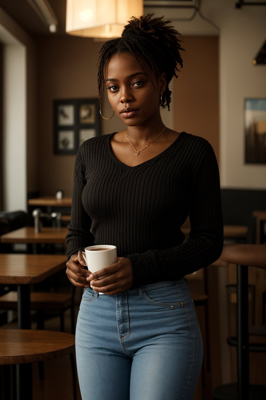 woman in a trendy café, holding a freshly brewed cup of coffee