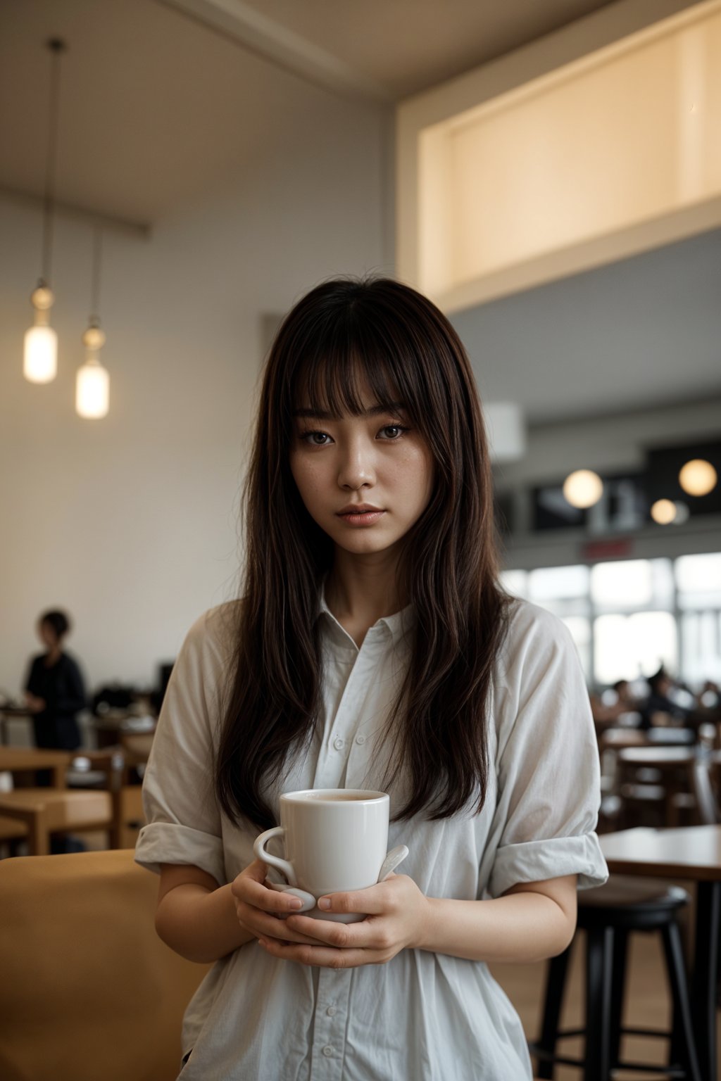 woman in a trendy café, holding a freshly brewed cup of coffee