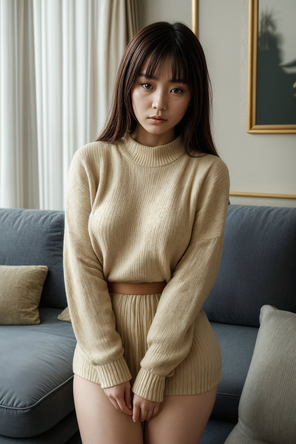 a woman wearing knitted sweater) in luxury villa living room, instagram photo, instagram, hourglass figure