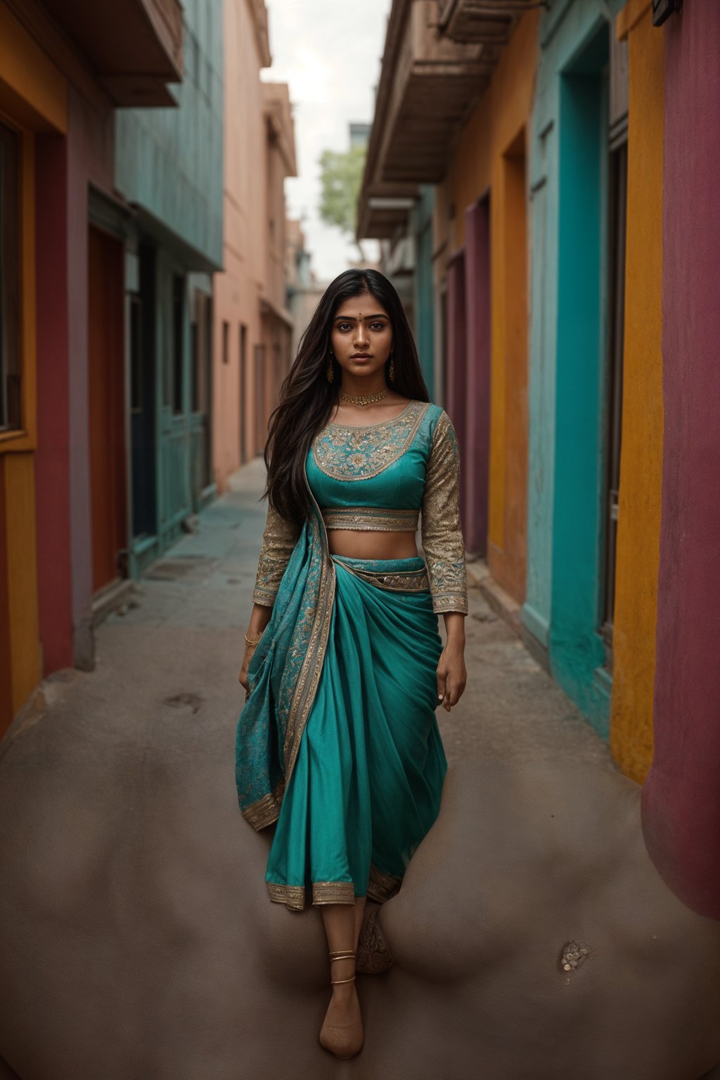 woman wearing a trendy outfit, walking down a street lined with colorful murals